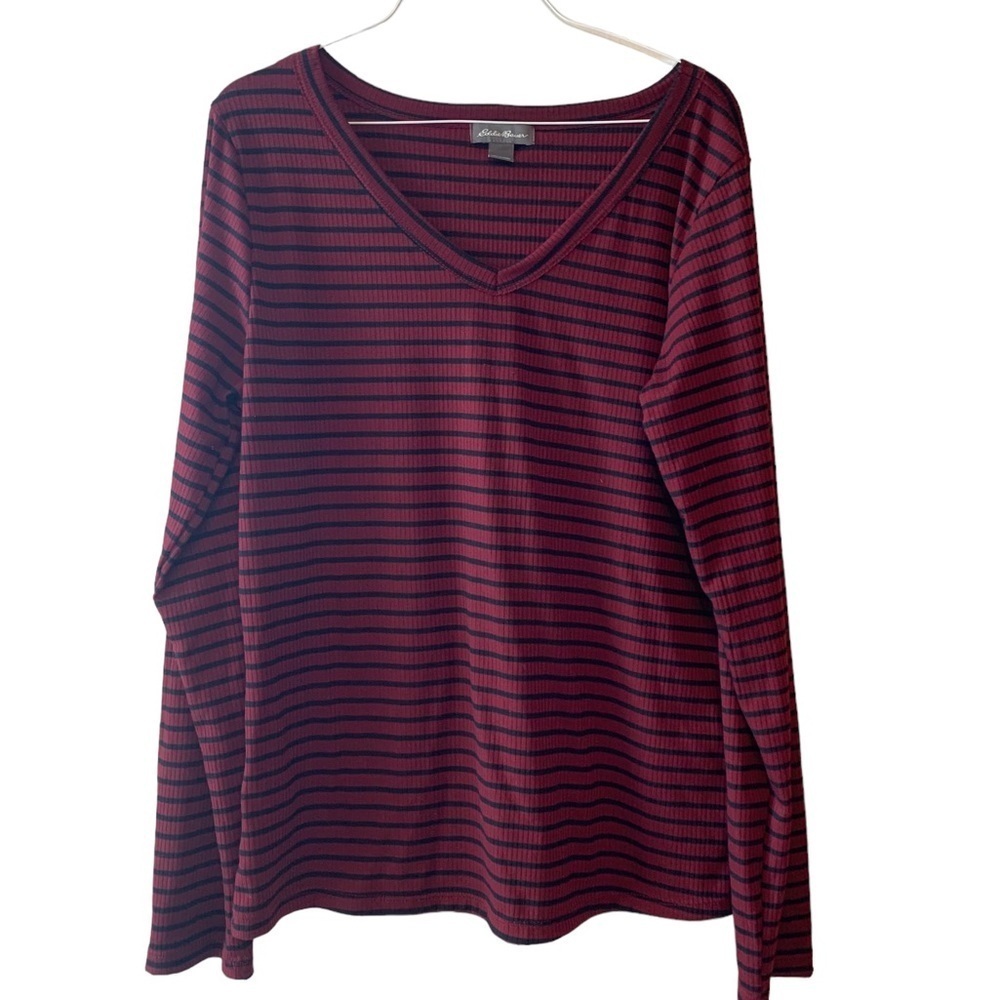 Eddie Bauer Women's Long Sleeve V-Neck Burgundy and Black Striped Tee